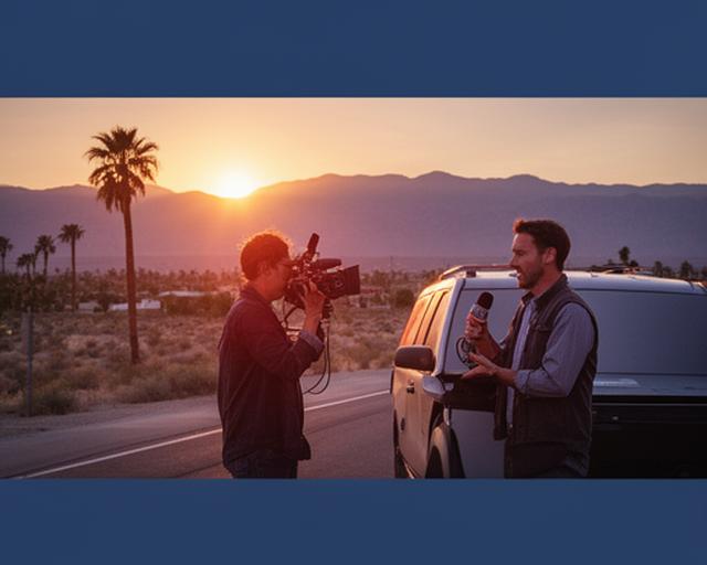Journalists reporting beside a marked news vehicle at sunset in Coachella Valley