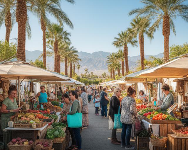 Residents shopping at a vibrant Coachella neighborhood farmers market beneath palm trees