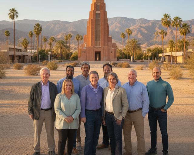 Coachella Valley newsroom team gathered outside a desert civic landmark in warm afternoon light